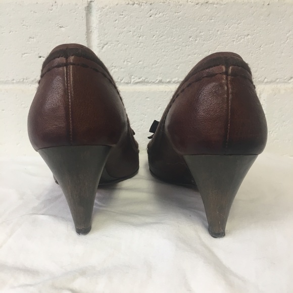 MIU MIU • Leather Peep Toe Wedges - Picture 8 of 16